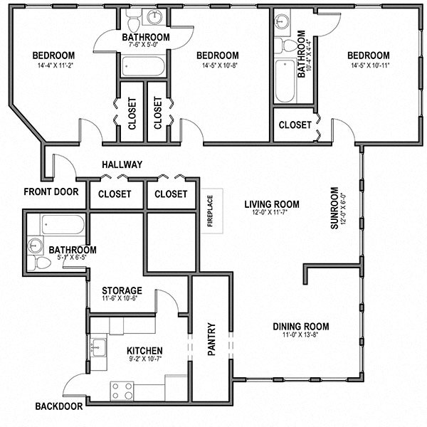 Floor plan for 3 beds, 2.5 baths, 1385 sqft